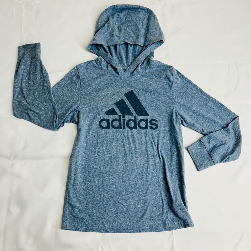 Adidas Hoodie Boys Small 8 Blue Heathered Logo Pullover Activewear Shirt